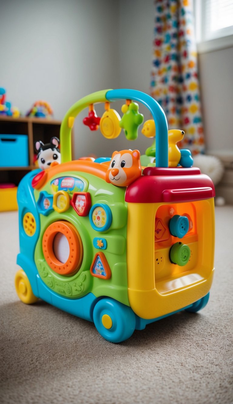 A colorful toy carrier with various interactive features, including buttons, shapes, and animal figures, sits on a playroom floor