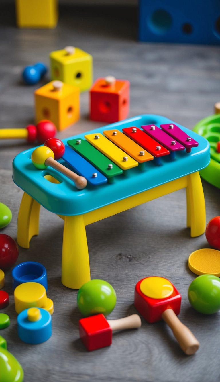 A colorful toy bench with a slide-out xylophone and hammer, surrounded by various open-ended toys for 2-year-olds