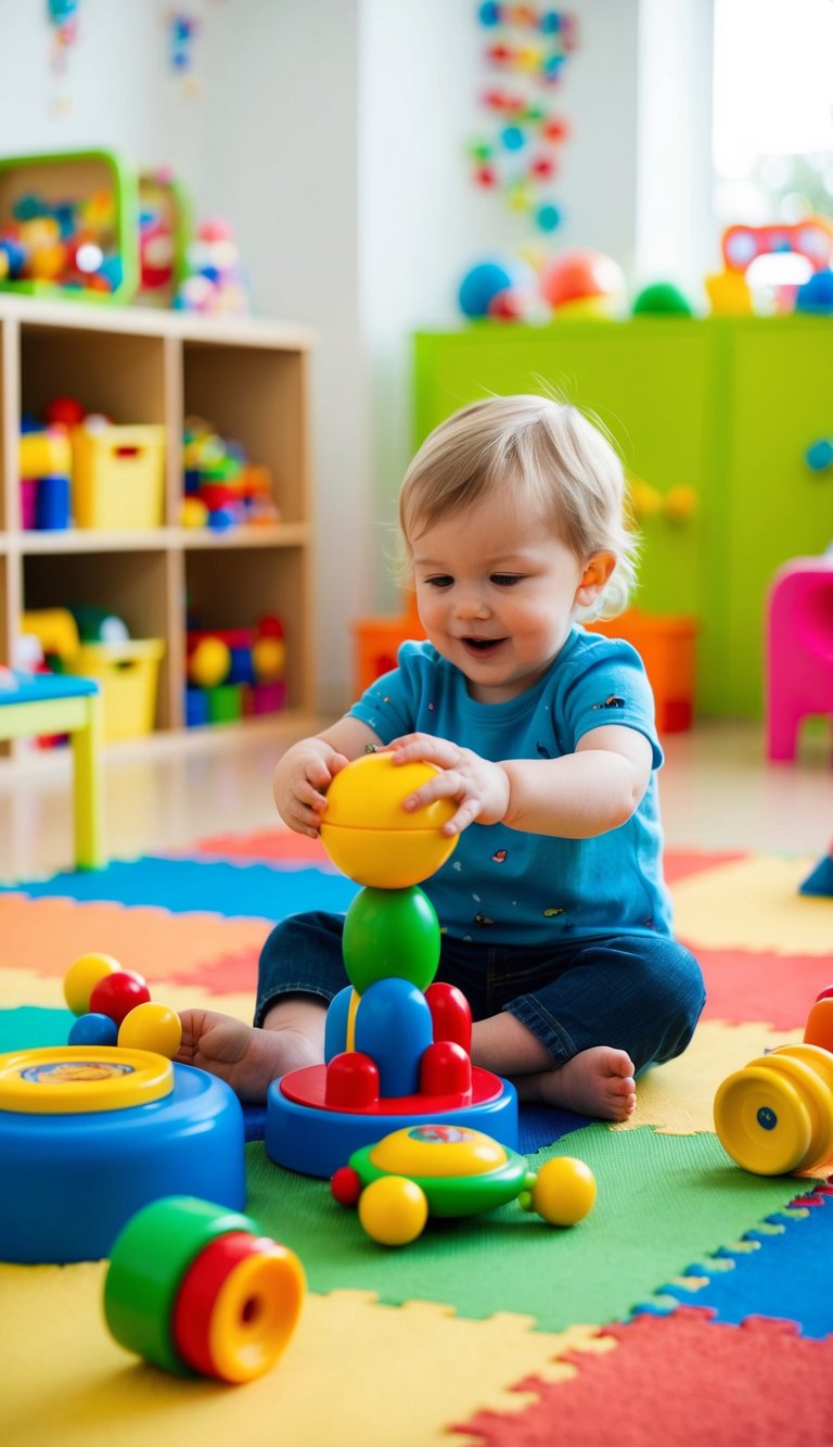 A 2-year-old playing with the Galt Toys Pop-Up Toy, surrounded by open-ended toys in a bright, colorful playroom