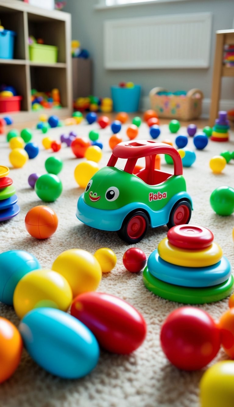A colorful assortment of open-ended toys scattered across a playroom floor, featuring the Haba Squeezy Buggy 71 set for 2-year-olds