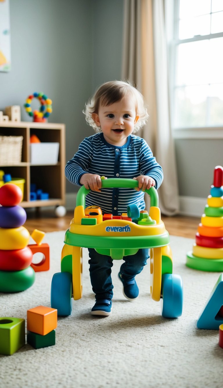A 2-year-old pushes the EverEarth Activity Walker, surrounded by open-ended toys like blocks, stacking rings, and shape sorters