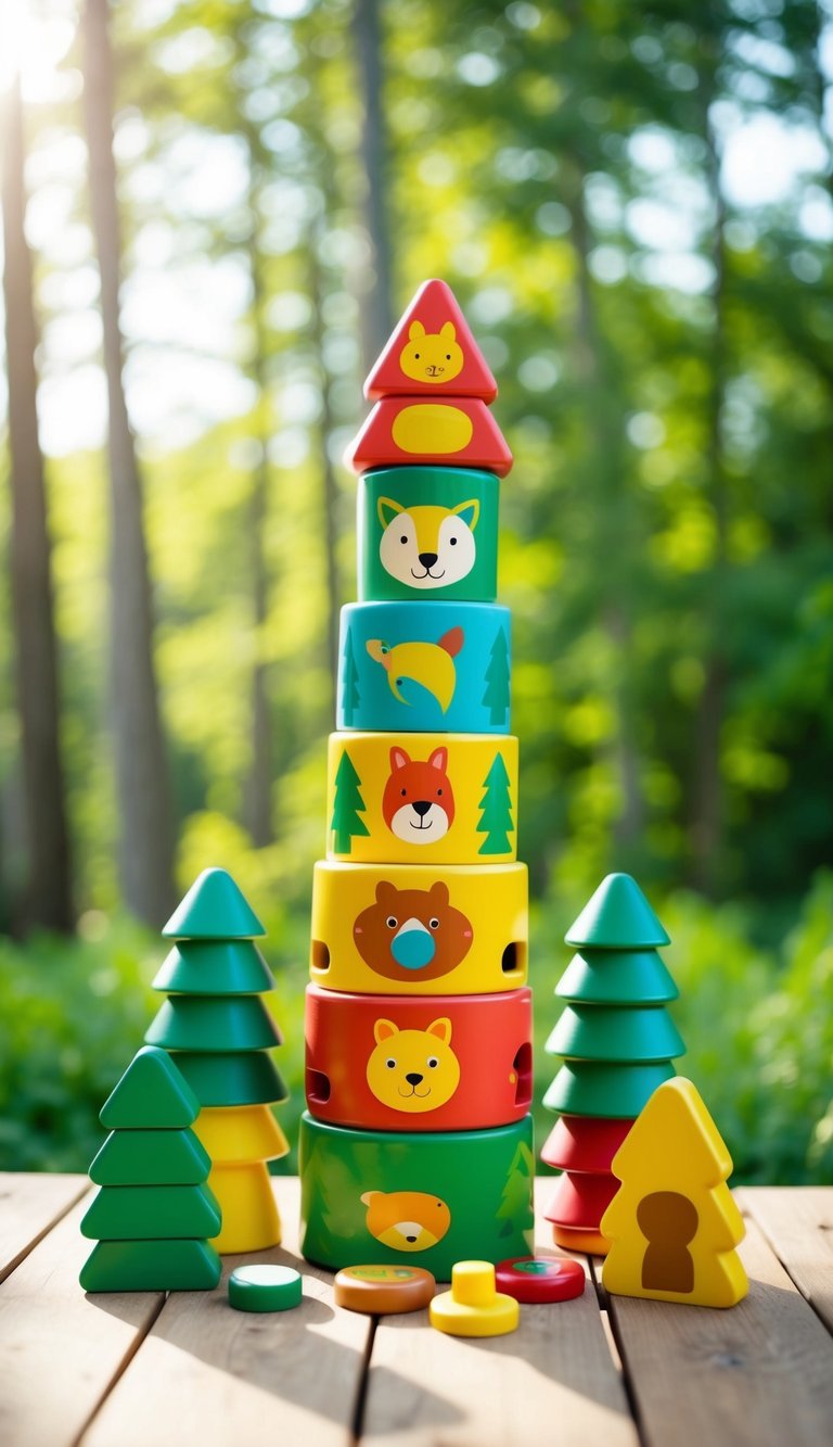 A colorful forest-themed stacker toy with various animal and tree shapes arranged in a playful and inviting manner