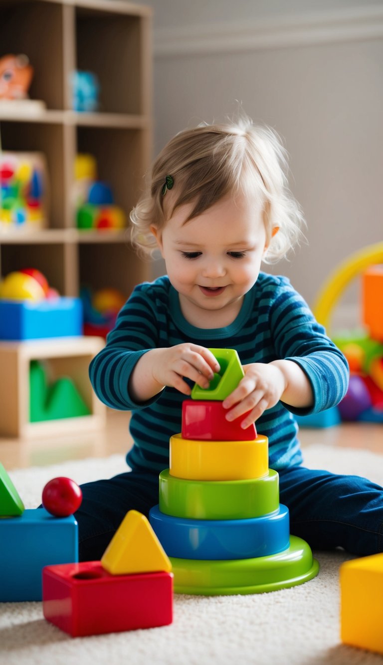A 2-year-old playing with a Green Toys Shape Sorter, surrounded by open-ended toys