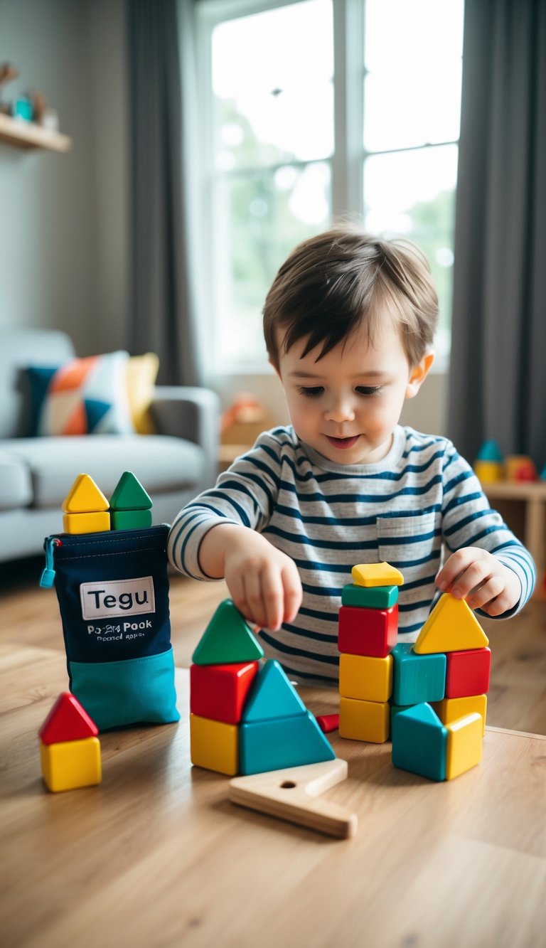 A 2-year-old playing with a Tegu Pocket Pouch Magnetic Wooden Block Set, building and stacking various shapes and structures