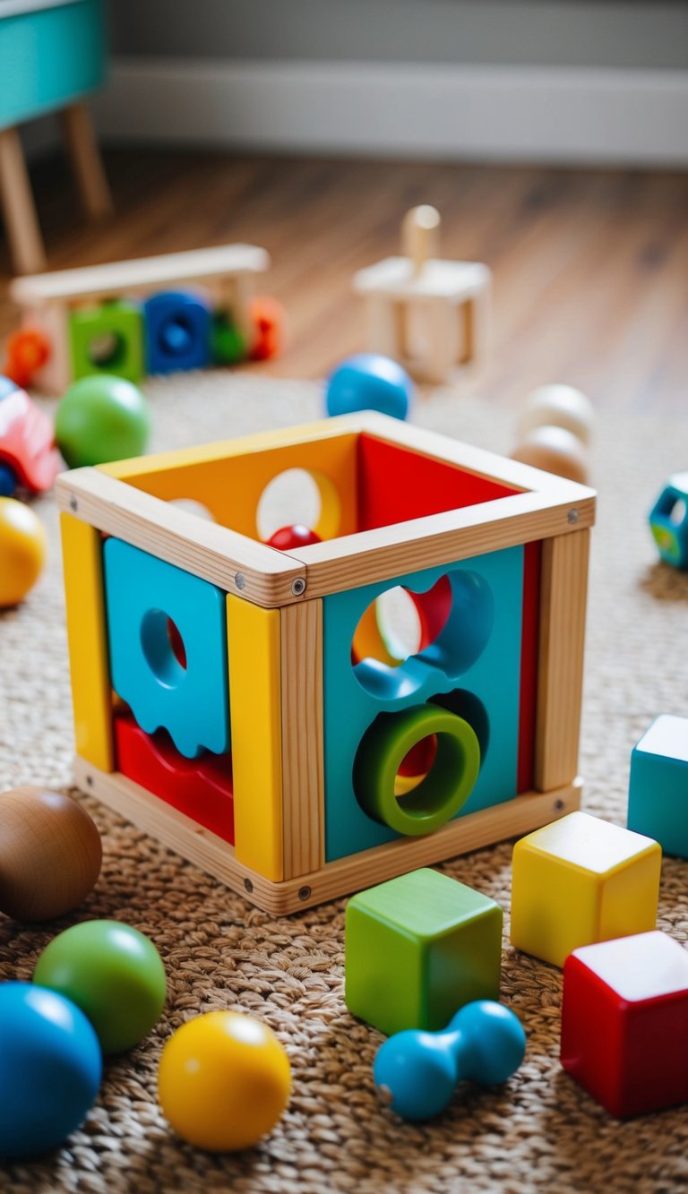 A colorful wooden activity cube surrounded by various open-ended toys for 2-year-olds