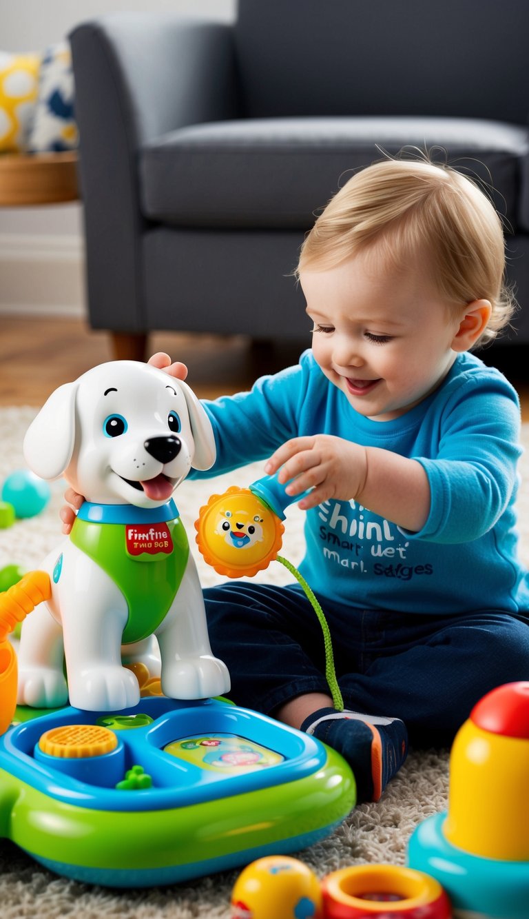 A 2-year-old playing with a Fisher-Price Laugh & Learn Smart Stages Puppy, surrounded by open-ended toys