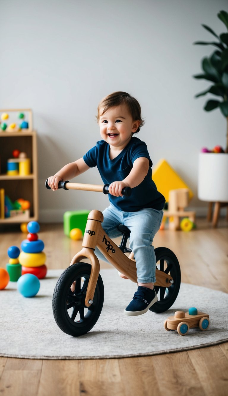 A 2-year-old child happily riding a Hape Kid's Wooden Rider Balance Bike, surrounded by open-ended toys