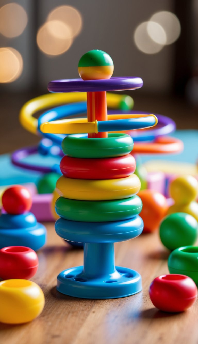 Colorful SpinAgain toy spinning with rings stacked on a peg, surrounded by other open-ended toys for 2-year-olds