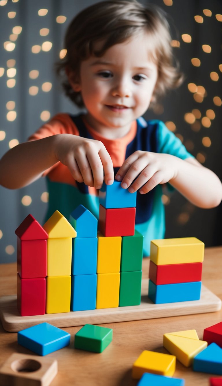 A child arranges colorful pattern blocks on a wooden board, matching shapes and creating designs