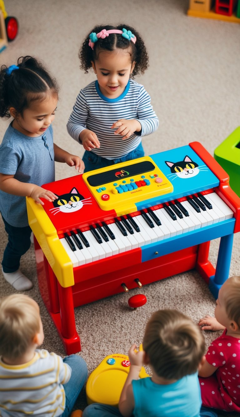 A colorful toy piano with cat-themed keys and buttons, surrounded by playful 2-year-olds exploring and making music