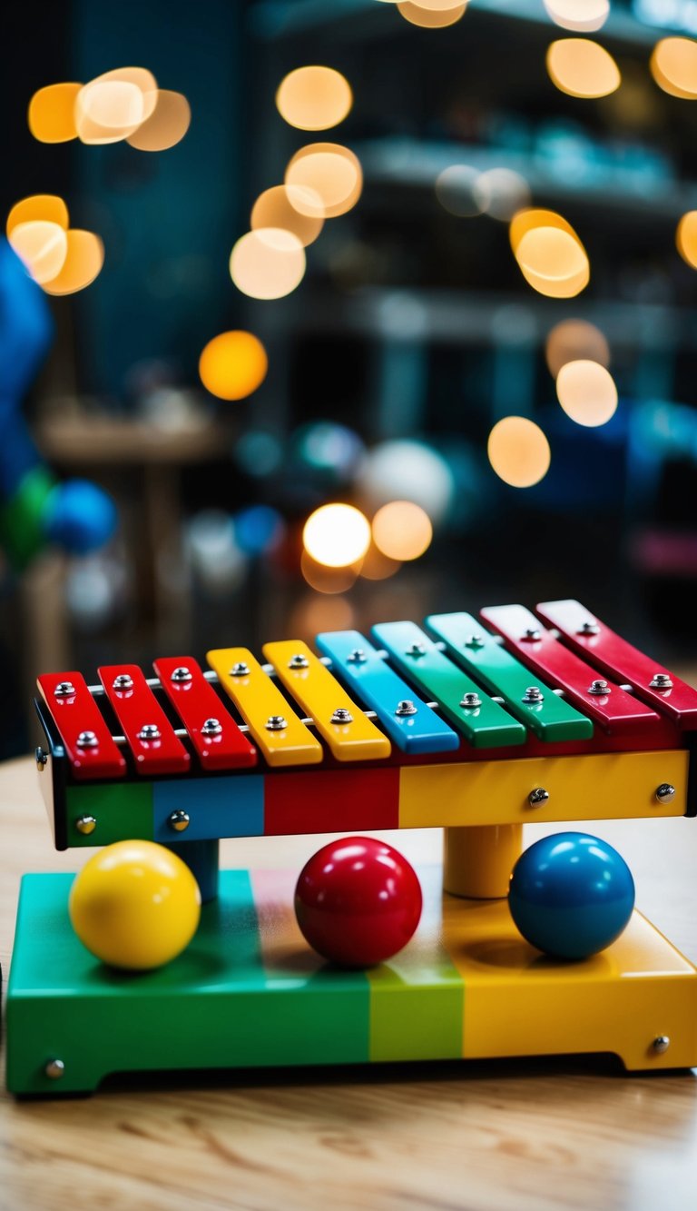 A colorful pound and tap bench with balls and a xylophone