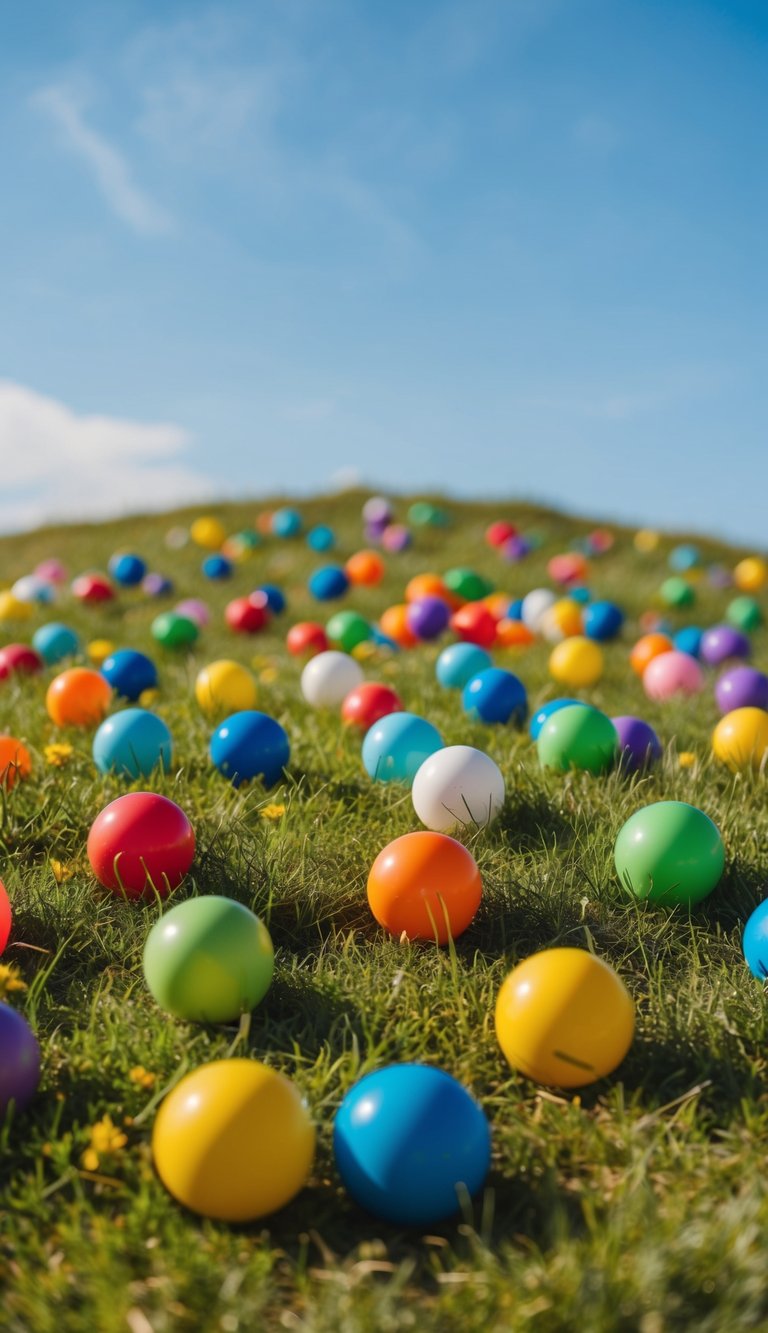 A colorful array of open-ended toys scattered across a grassy hilltop, with the sun shining and a clear blue sky in the background