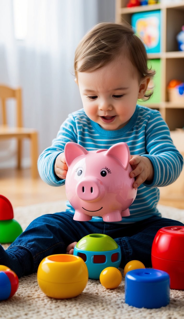 A toddler playing with a Fisher-Price Piggy Bank, surrounded by various open-ended toys for 2-year-olds