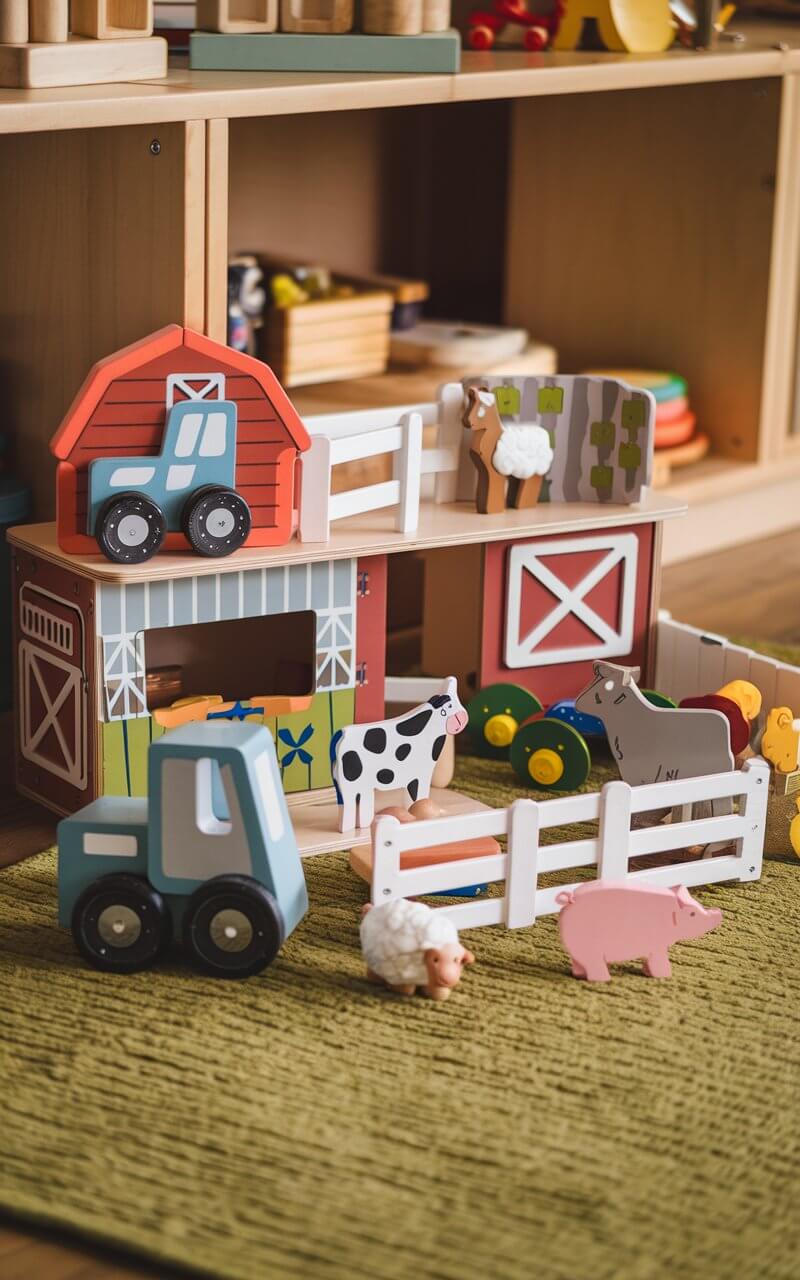 wooden playset with a farm